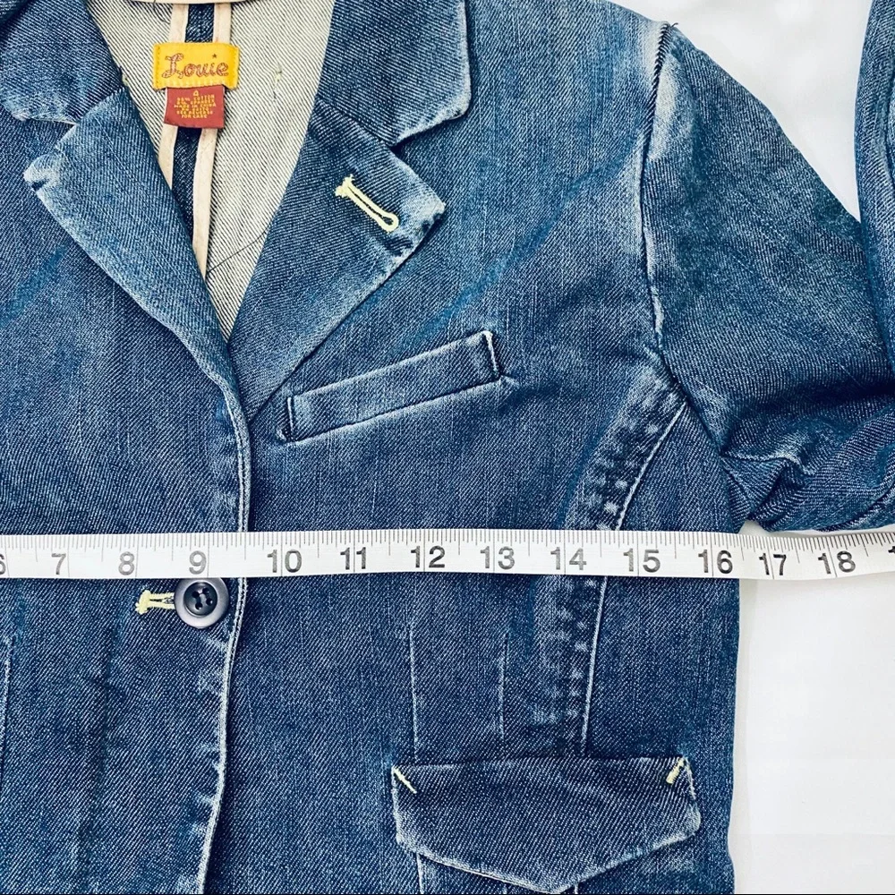 Louie Women Blue Denim Utility Blazer Jacket Size 4 Single Button‎ Flap Pockets